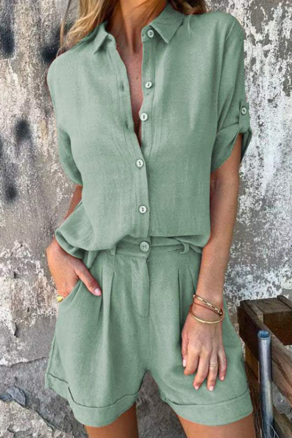 Linen Blend Color Button Lapel Short Sleeve Shirt and Pocket Shorts Set
