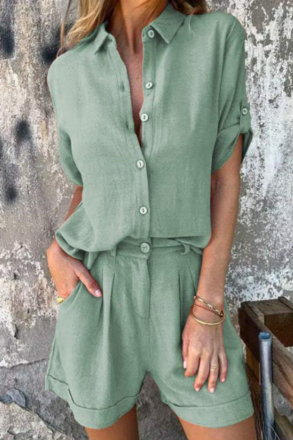 Linen Blend Color Button Lapel Short Sleeve Shirt and Pocket Shorts Set
