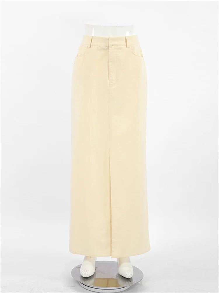 High Waist Split Maxi Skirt for Patchwork Pocket High Street Long Skirt Female Zipper Slim Maxi Skirt