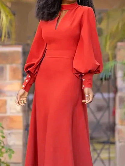 Long Sleeves Loose Buttoned Hollow Color Split-joint Round-neck Maxi Dresses