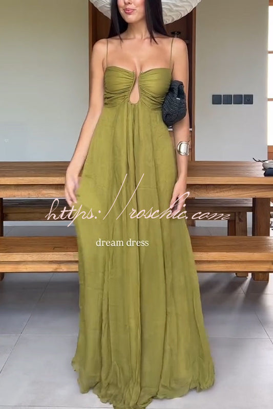 Soft and Metal Hollow Design Back Smocked A-line Slip Maxi Dress