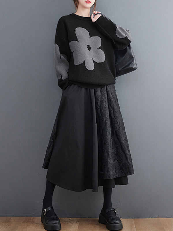 Loose Black Round-neck Contrast Color Flower Long Sleeve Sweater An1070