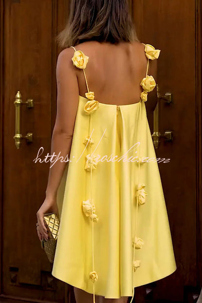 Playful and Flattering Silhouette 3d Rose Drape Straps A-line Mini Dress