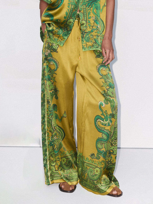 Exquisite Satin Unique Print Wide Leg Pants