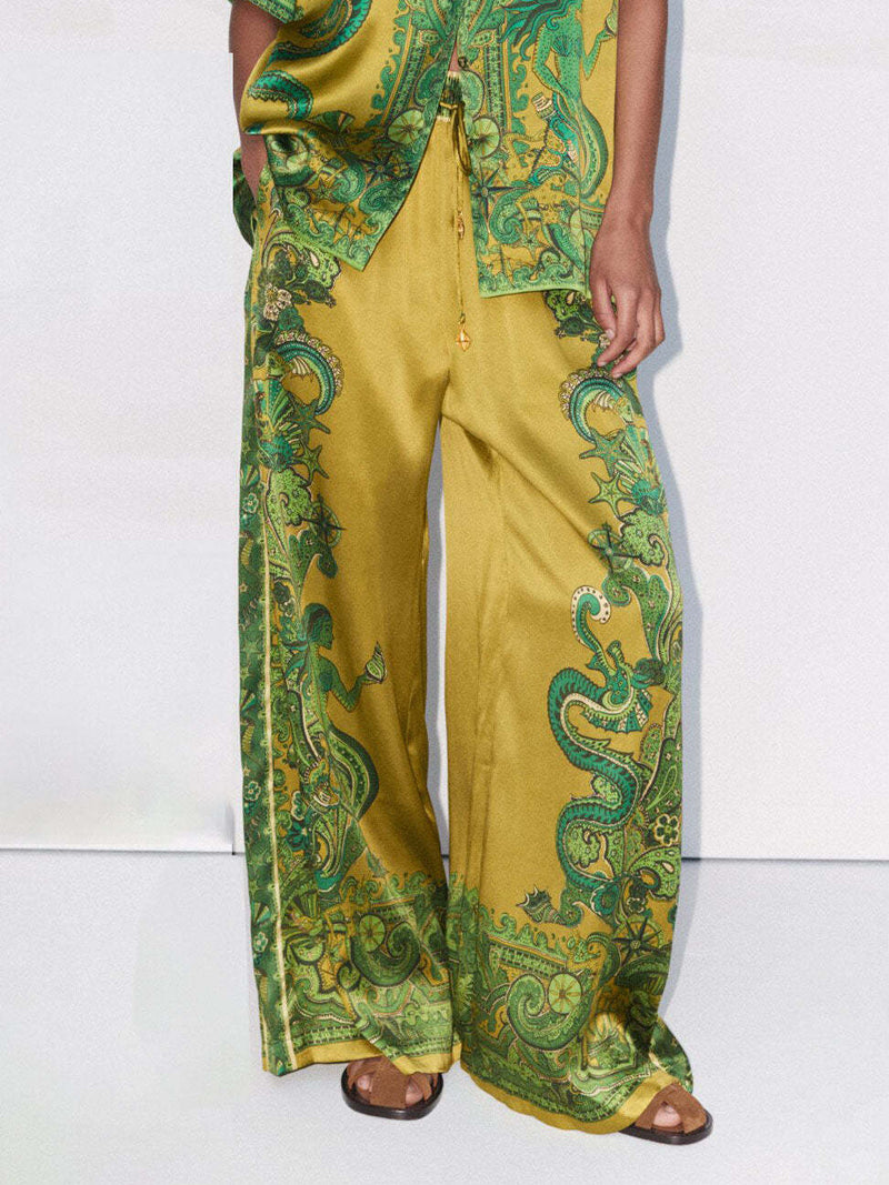 Exquisite Satin Unique Print Wide Leg Pants