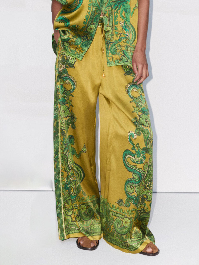 Exquisite Satin Unique Print Wide Leg Pants