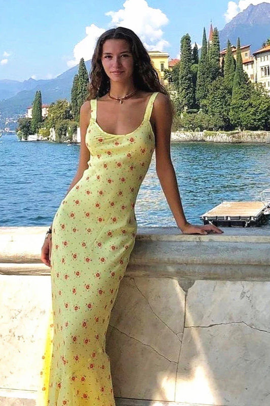 Print Suspender Dress Long Fishtail Maxi Dress