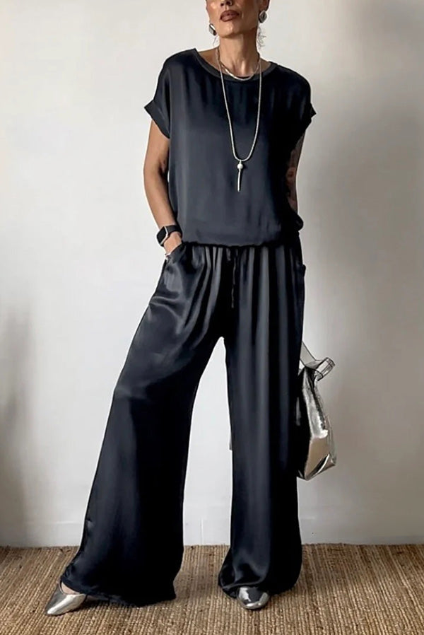 Satin Color Loose Short-sleeved Top and Elastic Waist Lace-up Pocket Wide-leg Pants Set