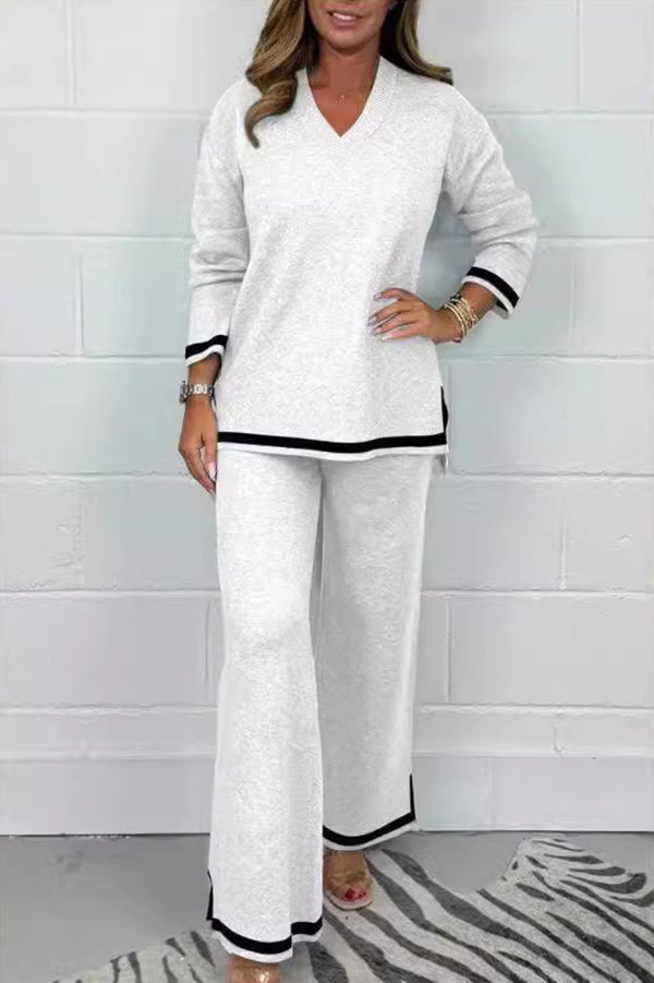 Color V-neck Long-sleeved Loose Top and Elastic Waist Wide-leg Pants Set