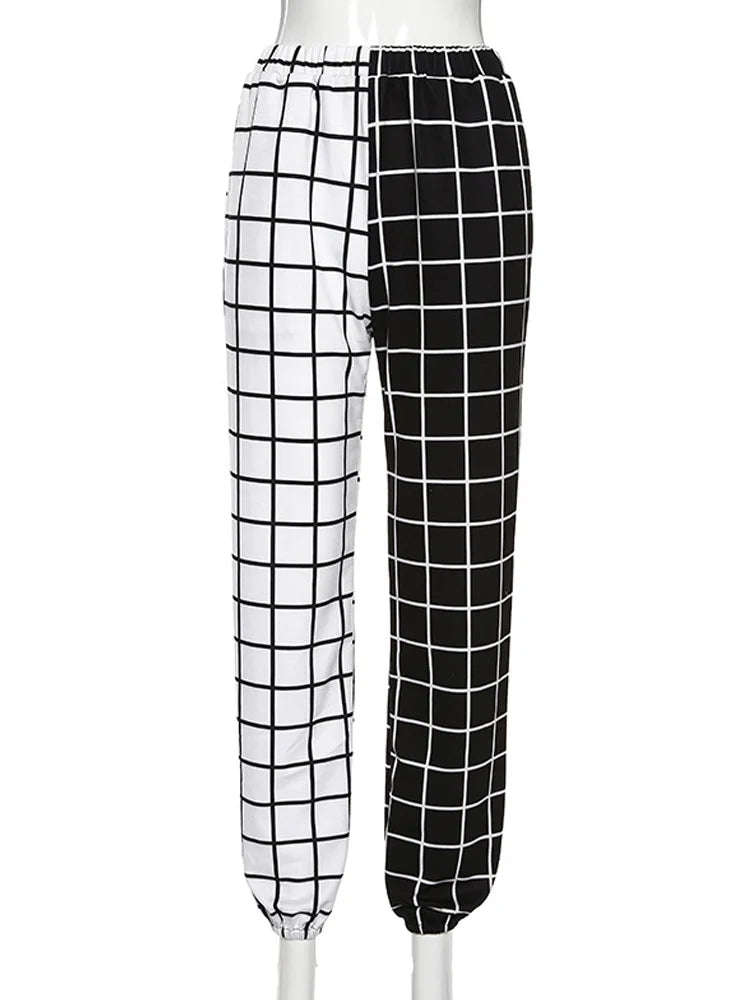 Contrast Cargo Pant for Loose Hight Waist Plaid Jogging Trousers Sporty Pants Elasticity Sportpants Summer