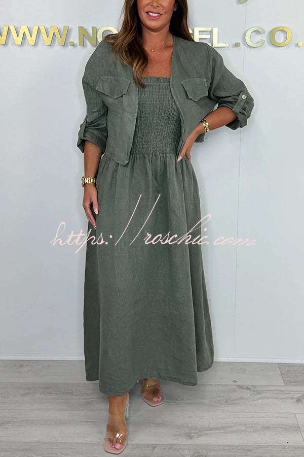 Color Short Jacket and Suspender Pleated Maxi Dress Set