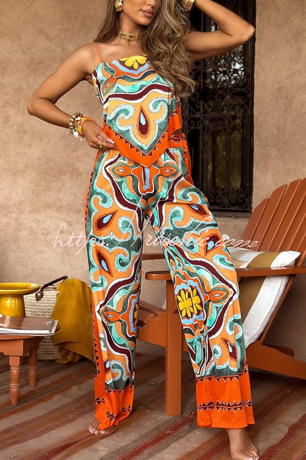 Style Unique Print Tube Top and Elastic Waist Pocket Wide Leg Pants Set
