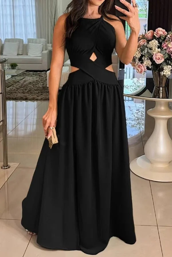 Color Cross Tie Backless Maxi Dress