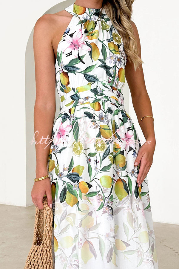 Print Halterneck Tie Zip Smocked Maxi Dress