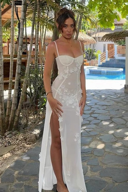French 3d Strap Waist-cinched Split Maxi Dress