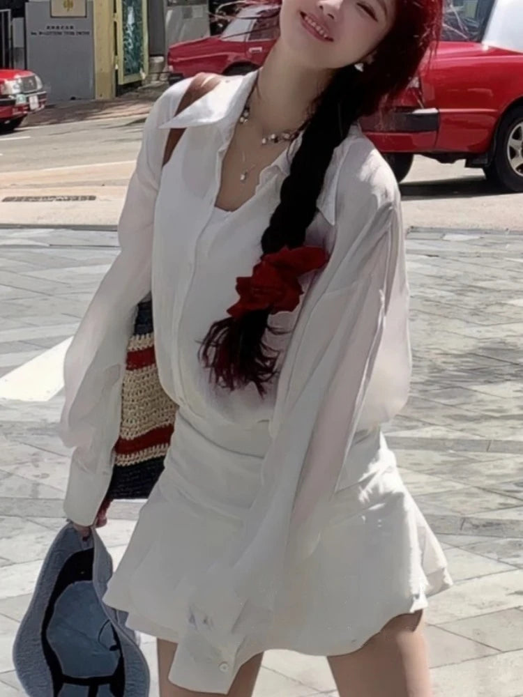 Y2k Shirt Mini Dress Long Sleeve Ruffles A-line Korean New Spring Summer Clothing