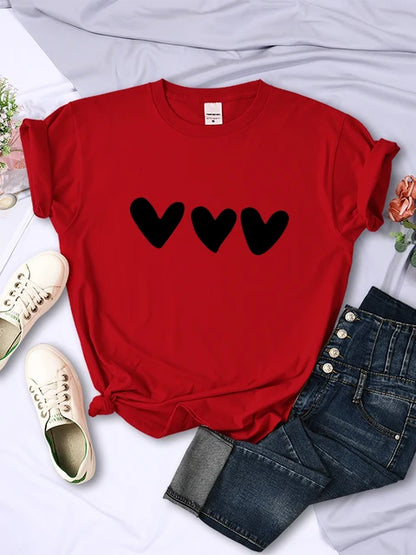 Black Heart Printing Female T-shirts Personality Street Short Sleeve All-math Soft Tee Clothing Breathable Tops