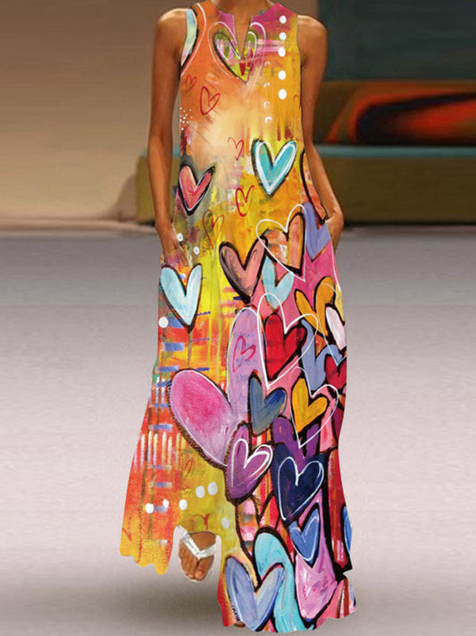 A-line Loose Heart Print Round-neck Maxi Dresses