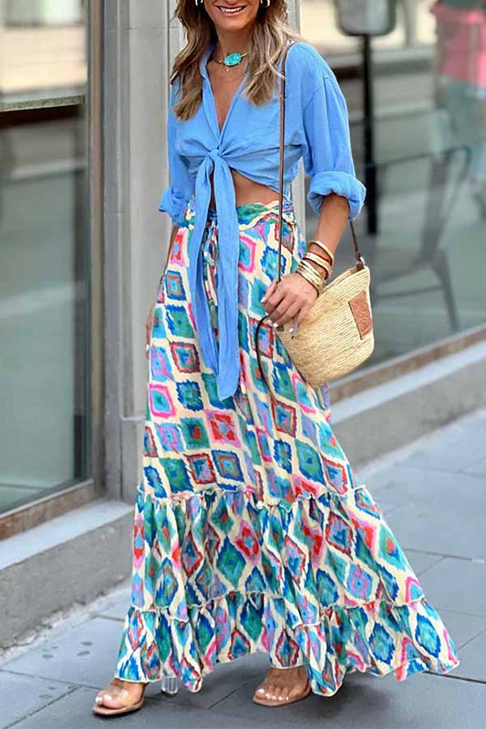 Print Drawstring Elastic Waist Maxi Skirt