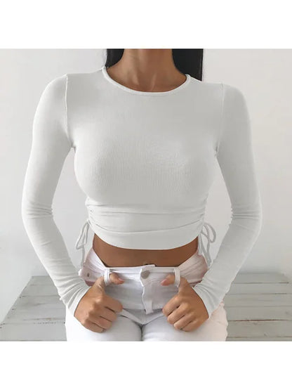 O-neck Long Sleeve Bodycon Cropped Tops Autumn Irregular Drawstring Bandage Knitted T-shirt