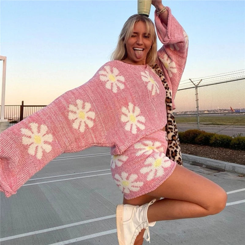 Knitted ’s 2 Piece Sets Outfits Pink Sweet Oversized Sweater Suit With Shorts for Tracksuit