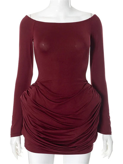 Pleated Mini Dress ’s Off-shoulder High Waist Long Sleeve Party Dress Female Bodycon Dress