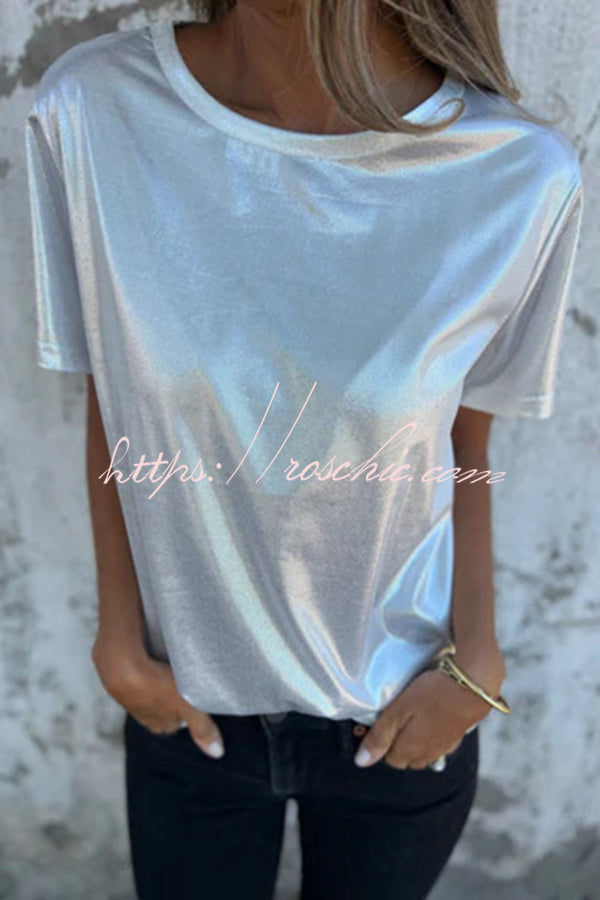 Metallic Color Round Neck Short-sleeved Loose T-shirt