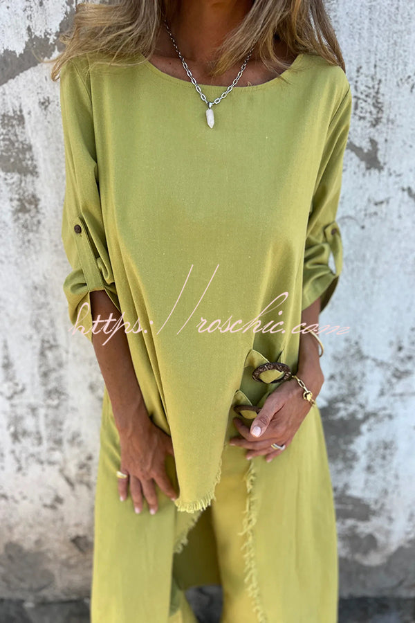 Jamilah Linen Blend Ring Detail Midi Blouse and Elastic Waist Pocketed Loose Pants Set