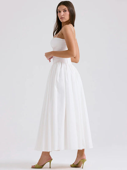 White Sundress Spaghetti Strap Backless Midi Dress for Sleeveless A-line Loose Long Dress New
