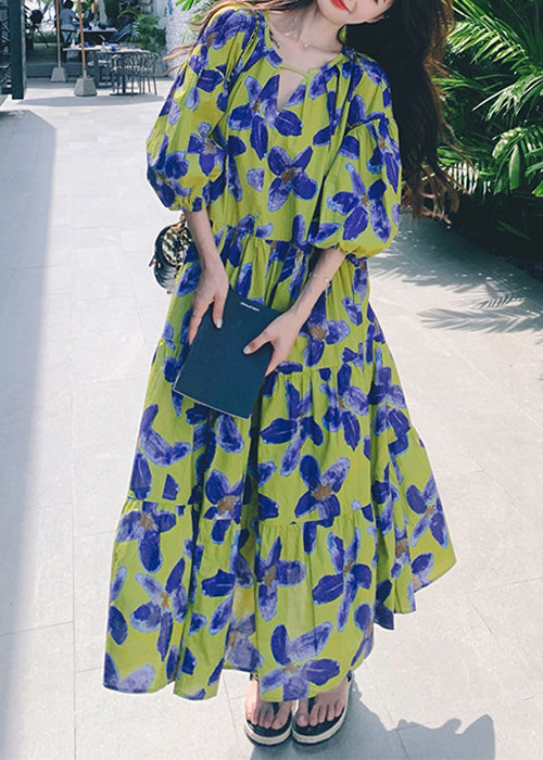 Stylish Green Print Patchwork Chiffon Long Dresses Half Sleeve Qp037