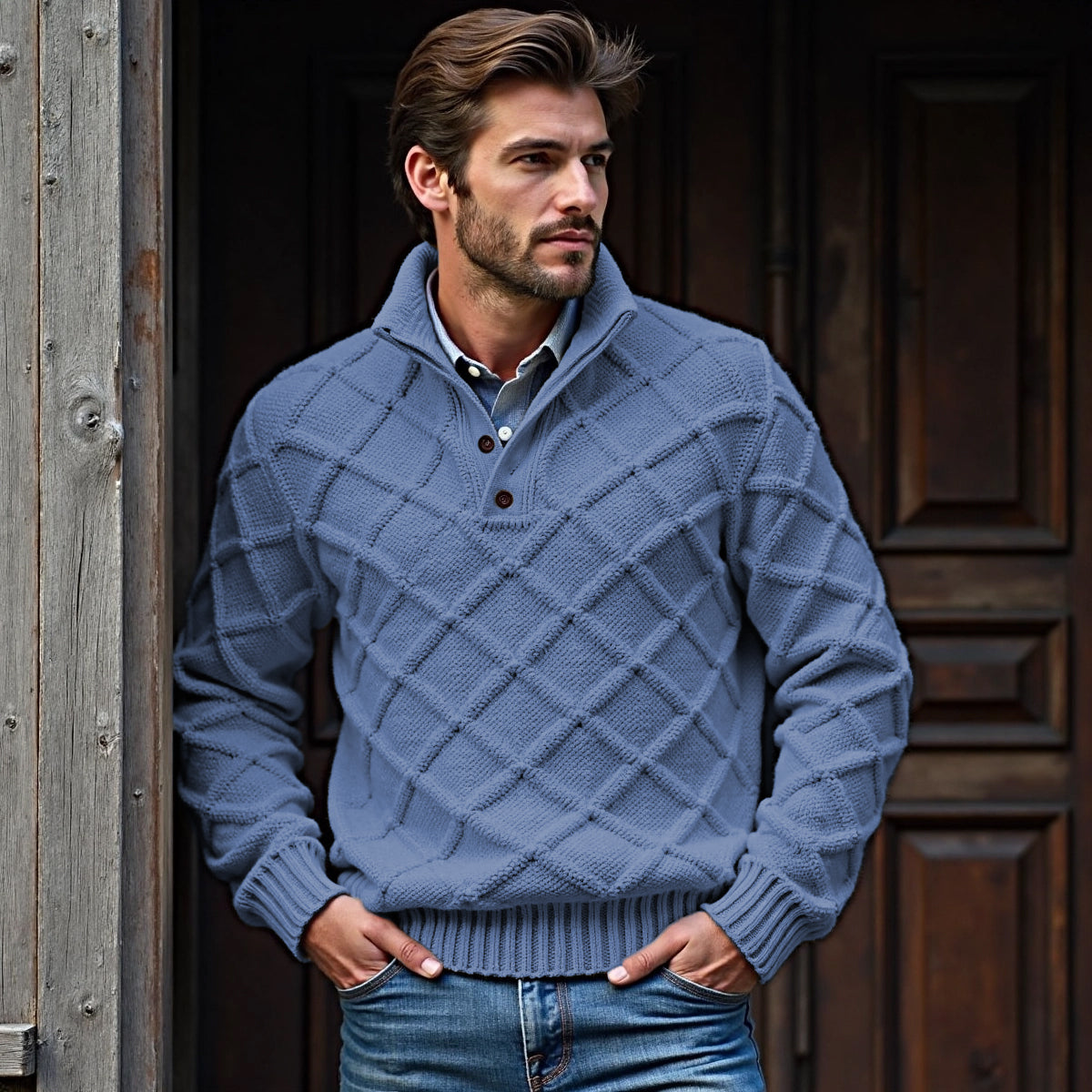 Men's Plaid Jacquard Button Stand Collar Sweater artswardrobe