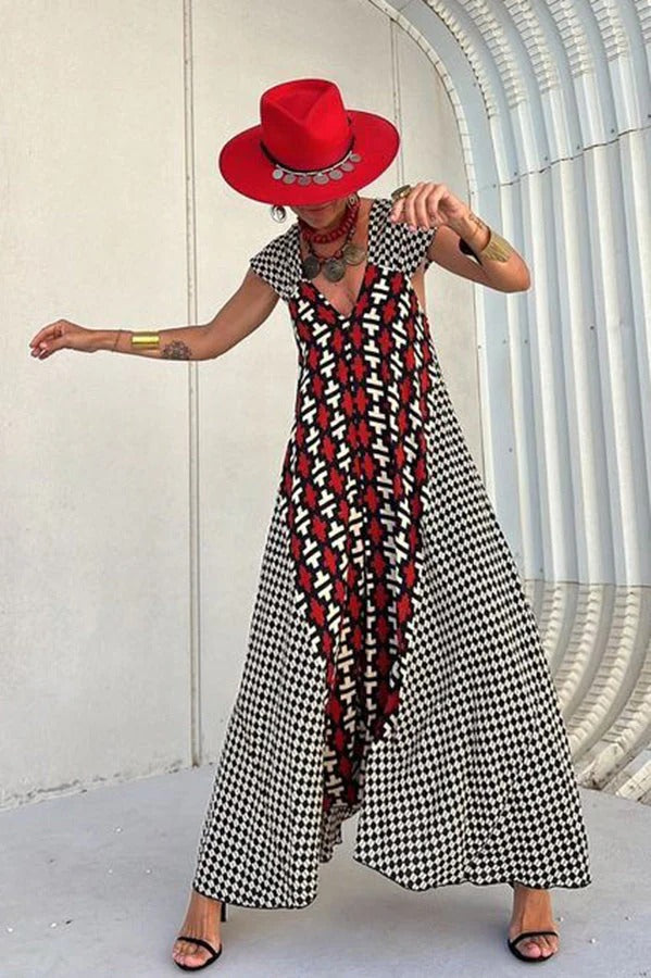 Fresh Breeze Unique Print Ruffle Sleeve A-line Maxi Dress