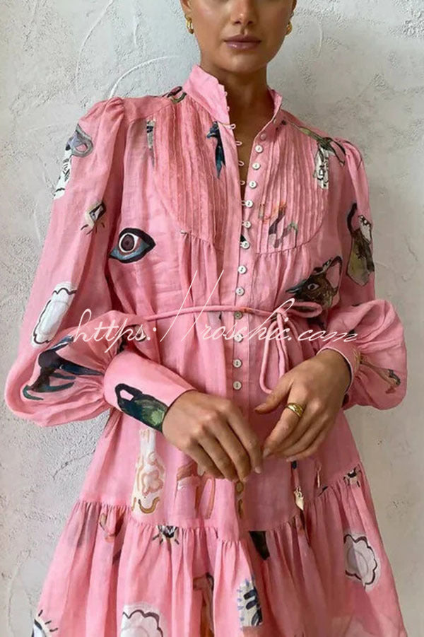 Unique Print Single Breasted Balloon Sleeve Tie Waist Ruffled Mini Dress