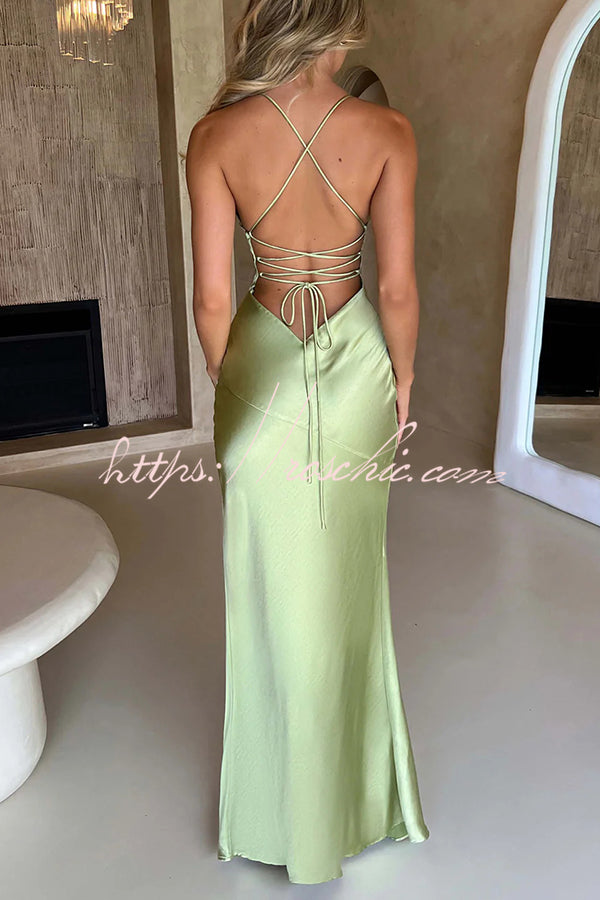Satin Color Backless Lace Up High Slit Maxi Dress