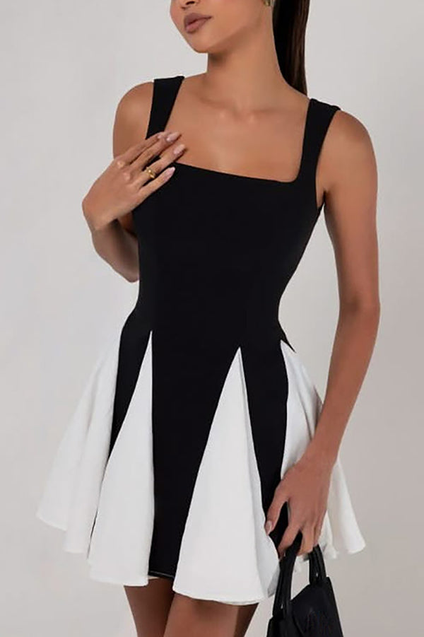 Contrast Stitching Suspenders Slim Mini Dress