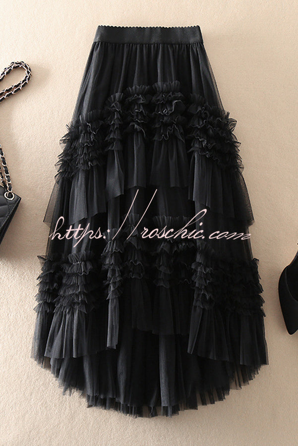 Mood Tulle Pleated Ruffle Elastic Waist Tiered Midi Skirt
