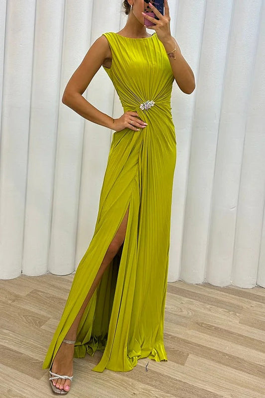 Special Pleated Embellished Slit Evening Maxi Dress