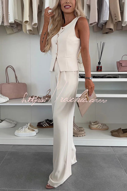 Workplace Sleeveless Button Vest and Relaxed Pocket Wide Leg Pants Set