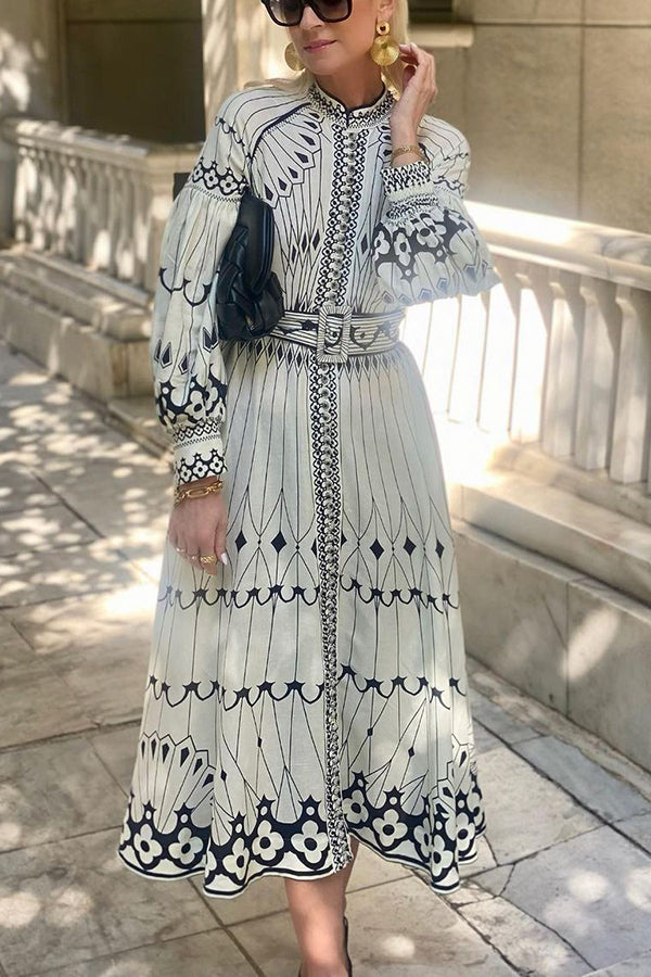 Perfect for Spring Linen Blend Print Button Balloon Sleeve Belted Shirt Midi Dress