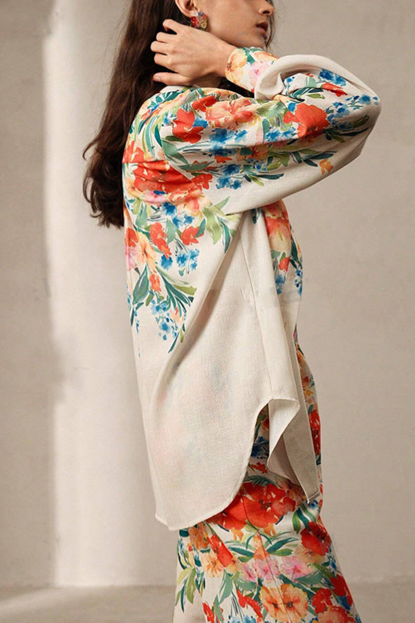 Print Lapel Long Sleeve Shirt and Elastic Waist Pocket Wide Leg Pants Set