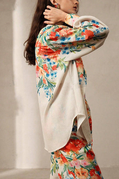 Print Lapel Long Sleeve Shirt and Elastic Waist Pocket Wide Leg Pants Set
