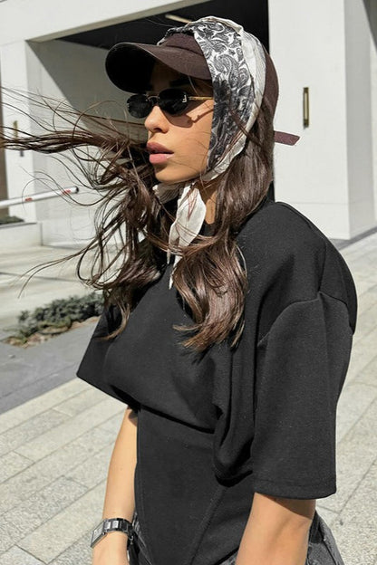 Wide Shoulder Tie Waist Elbow Sleeve T-shirt