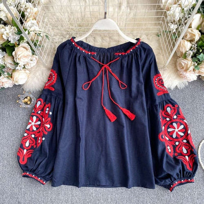 Retro White V-neck Lace-up Tassel Embroidered Lantern Sleeve Blouse