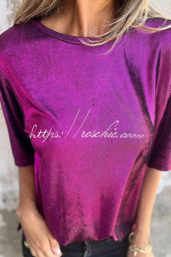 Metallic Color Round Neck Short-sleeved Loose T-shirt
