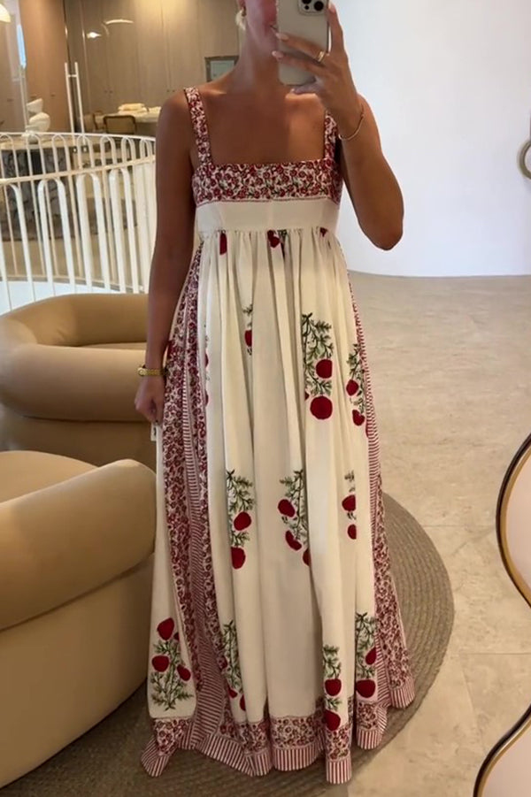Botanical Print High Waisted Wide Hem Suspender Maxi Dress