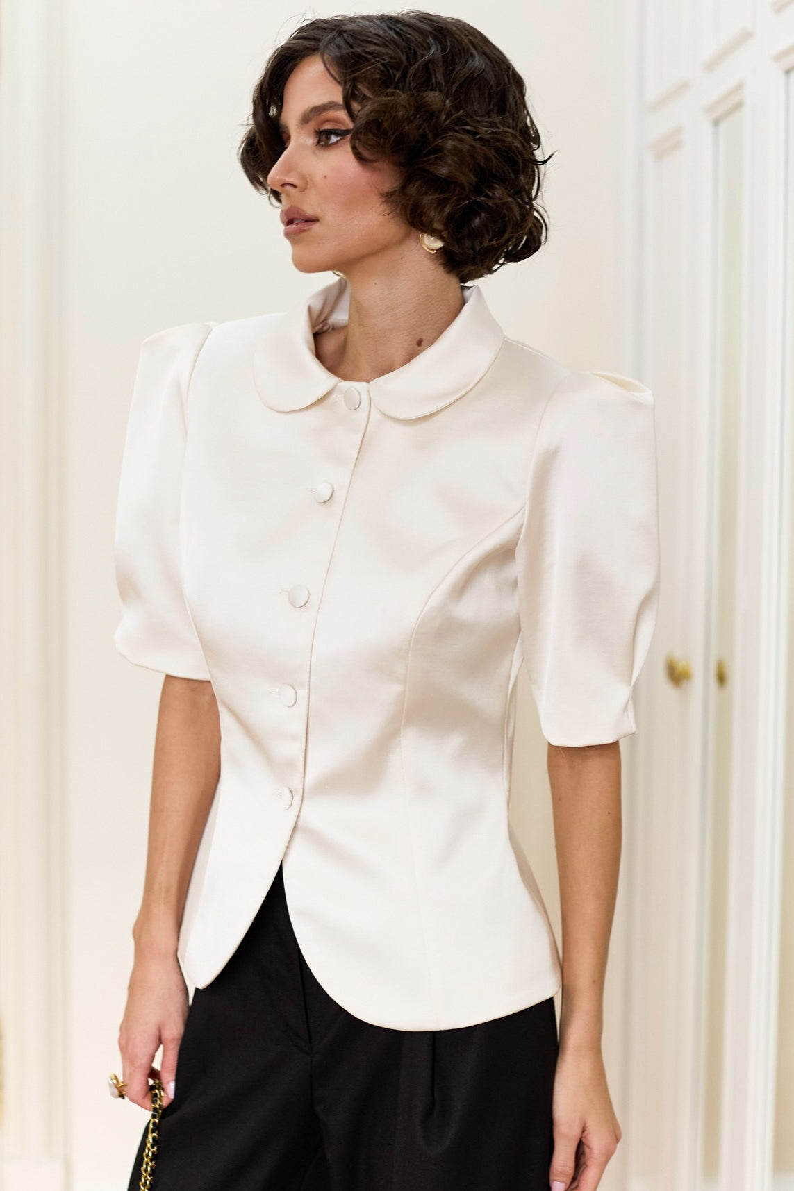 Tie Waist Puff Sleeve Slim Blouse