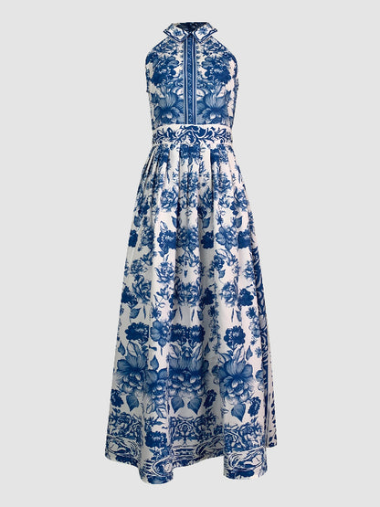 A-line Loose Flower Print Split-joint Lapel Maxi Dresses
