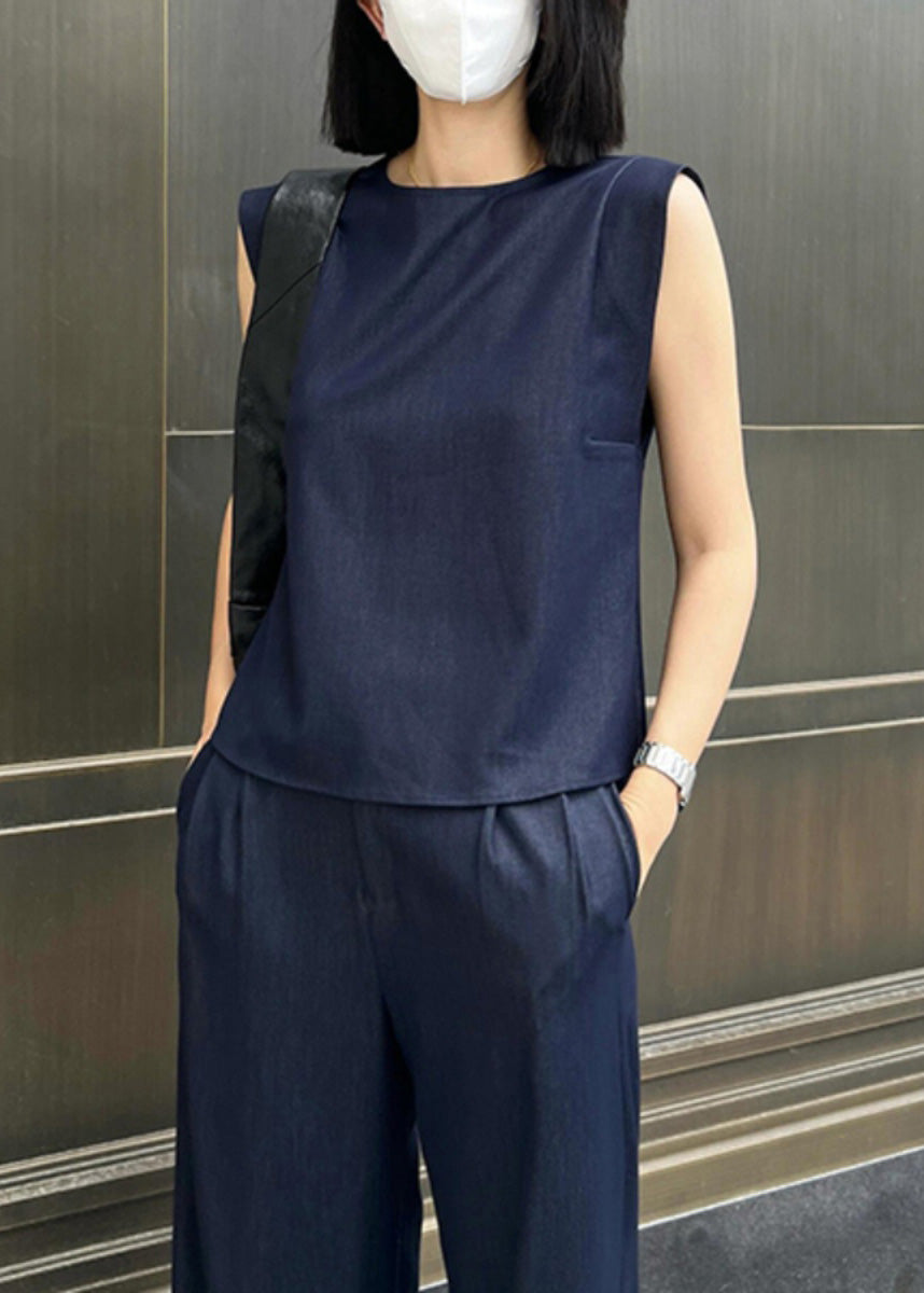 Stylish Navy O-neck Top and Wide Leg Pants Two Pieces Set Summer An1001