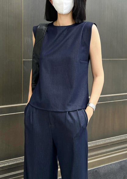 Stylish Navy O-neck Top and Wide Leg Pants Two Pieces Set Summer An1001