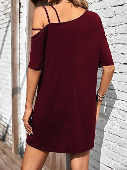 Loose Short Sleeves Asymmetric Color One-shoulder Mini Dresses